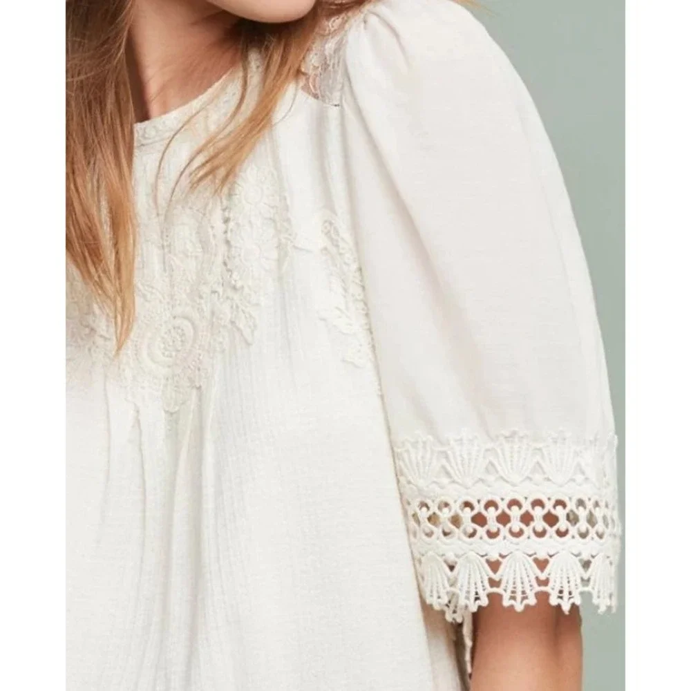 Anthropologie Feather Bone White Armana Lace Trim Crochet Puff Sleeve Blouse XS